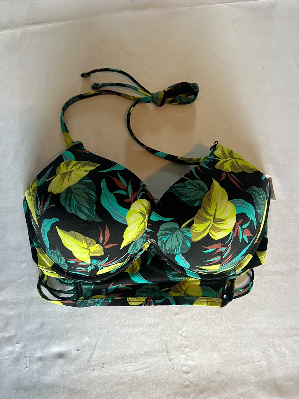 Victoria Secret Swim Bikini 32DD Top Bottom Black Green Floral Bombshell NEW